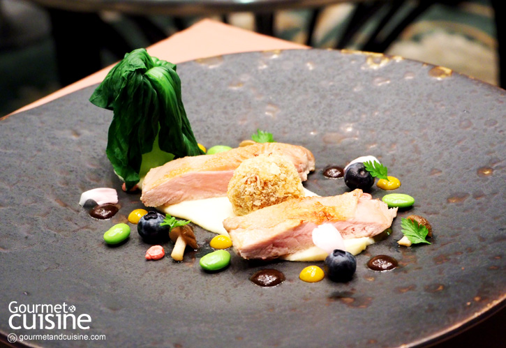 Royal Project Pheasant Breast Slow Cooked with Crispy Confit Praline, Served with Pak Choy and 3 Kinds of Sauces