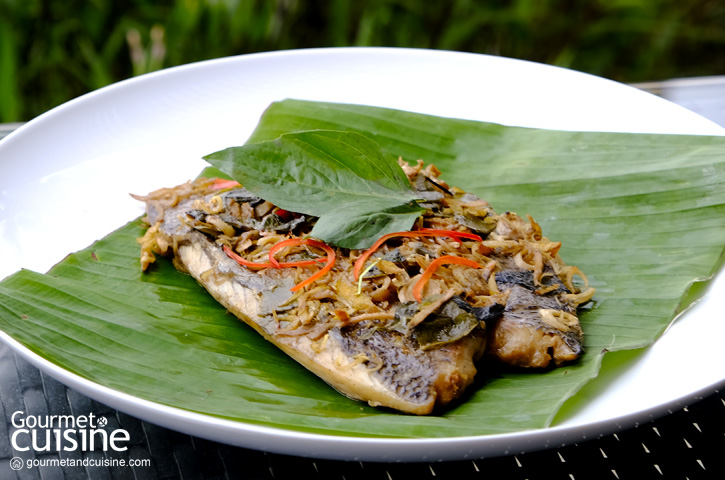 Baked Sea Bass Fillet Marinated with Thai Herbs Wrapped in Banana Leaf
