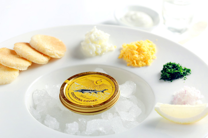30 g of Russian Oscietra Caviar with Classic Condiments and a Shot of Beluga Noble Vodka