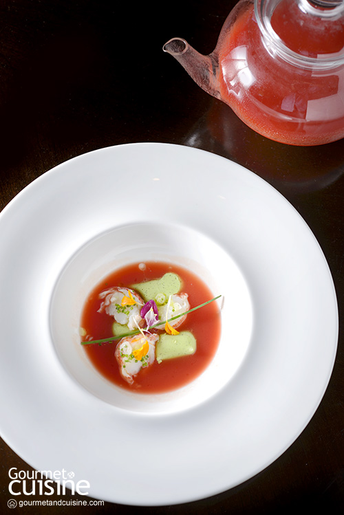 Fresh Tomato Soup with Huacatay Gnocchis and Lobster