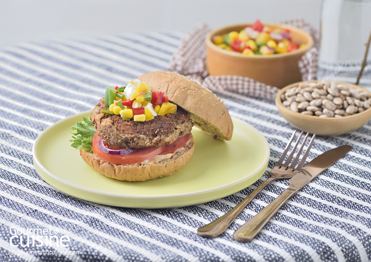 Pinto Beans Chipotle Burger with Bell Pepper and Corn Salsa