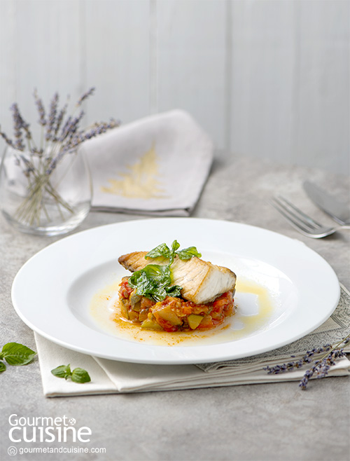 ปลากะพงกับสตูผักรวม (Fried Sea Bass on Ratatouille Niçoise with Basil Infusion)