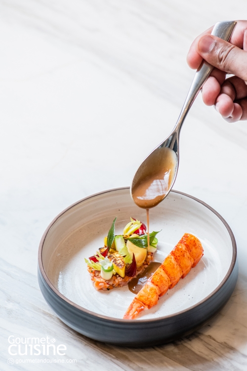 Poached Blue Lobster with Mango Curry Leaves Oil