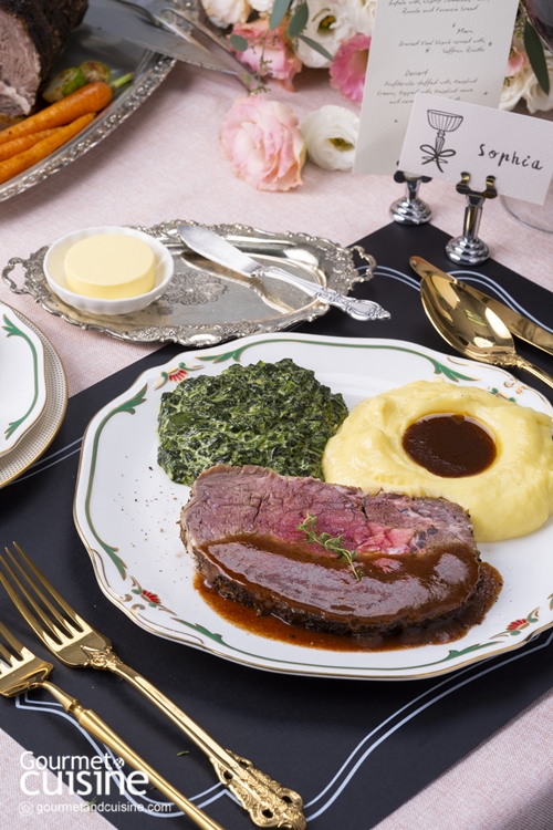 สเต๊กเนื้อซี่โครงกับมันบดและครีมผักโขม Prime Ribs Steak with Mashed Potato and Creamed Spinach 