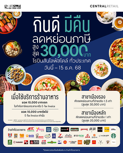 โรบินสันไลฟ์สไตล์ สนองนโยบายรัฐ เปิดตัวโครงการ “กินดี มีคืน”  ผนึกกำลังร้านอาหารกว่า 800 ร้าน หนุนเศรษฐกิจเติบโต 