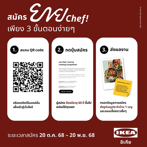 โค้งสุดท้าย! อิเกีย จับมือ แม็คโคร เปิดเวทีแข่งขัน “ยาย Chef” ชวนคนวัยเก๋าโชว์เมนูเด็ด ชิงรางวัลรวมกว่า 6 แสนบาท รับสมัครถึง 20 พ.ย. นี้!